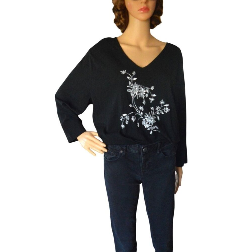 Vintage 90s US Boys Black White Floral Applique Top Womens Size XL V Neck